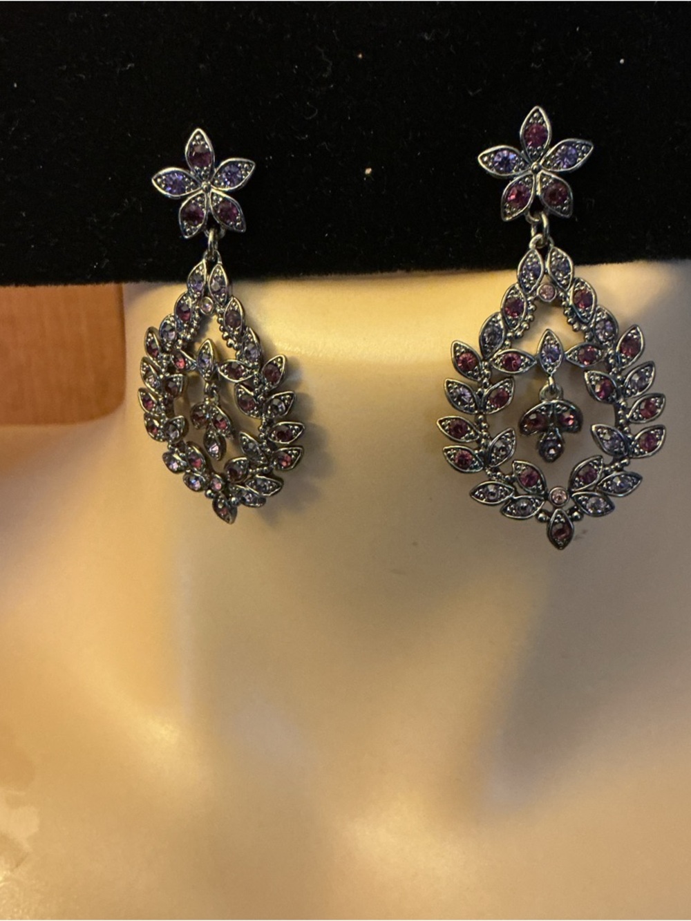Nine West-  maroon, clear  and pink rhinestones floral & leaf  Drop Earrings -